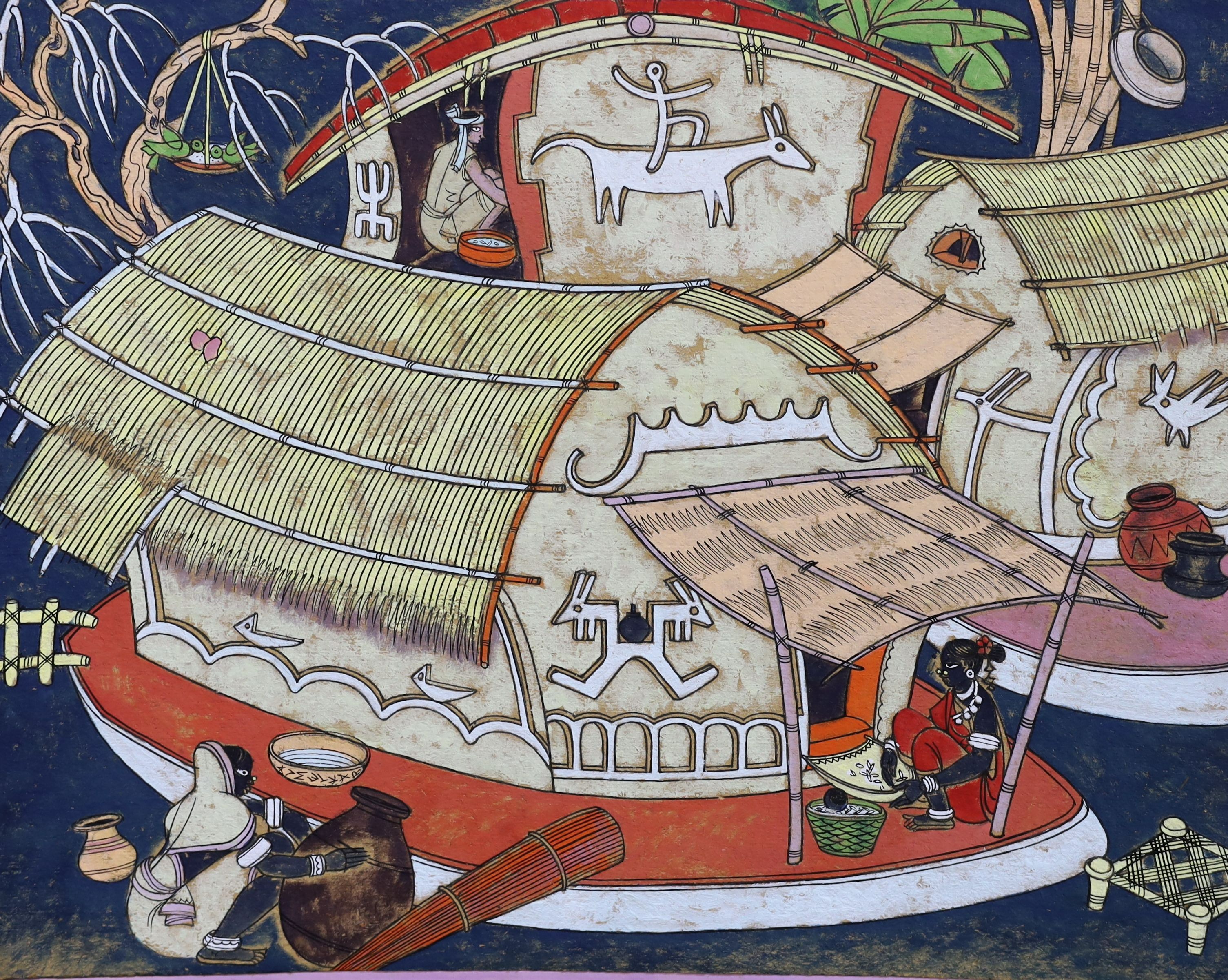Abdulrahim Appabhai Almelkar (Indian, 1920-1982), 'Village', ink and watercolour on paper, 40 x 50cm